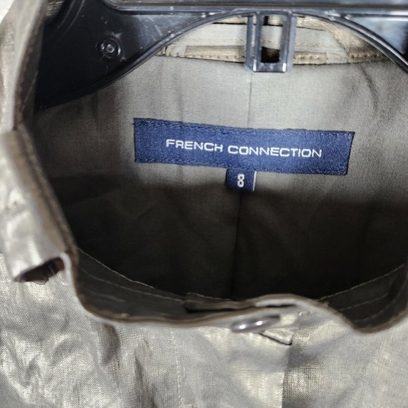 French Connection Bomber Jacket Womens Olive Green Metallic Coated Linen Y2K - Picture 7 of 13